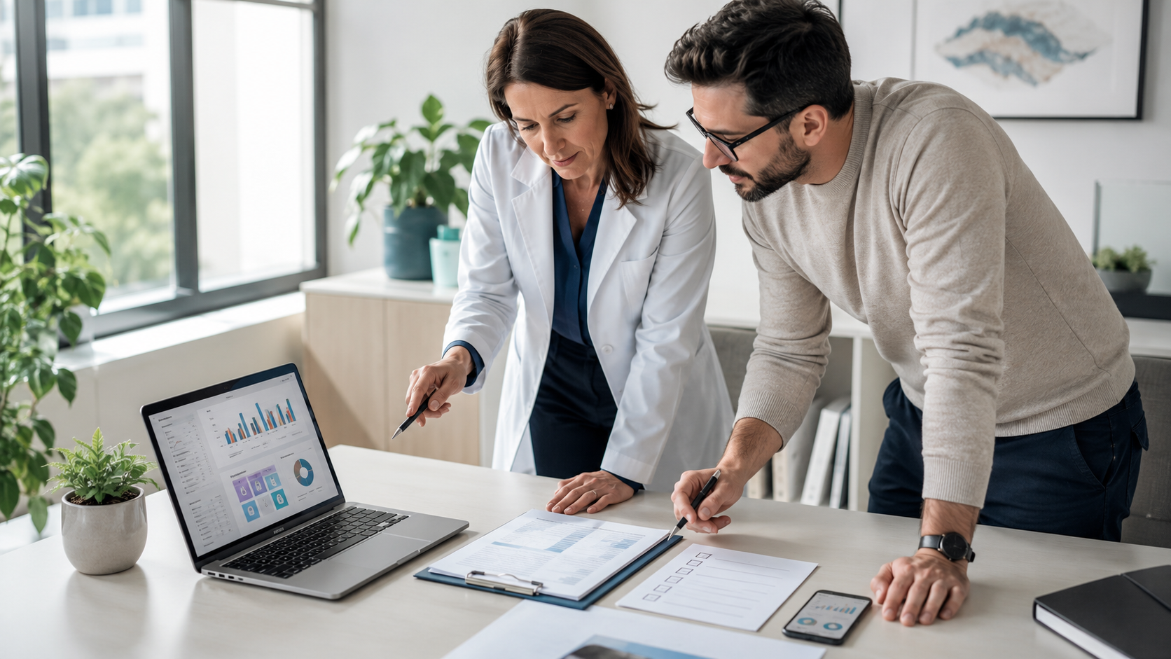 Profesionales sanitarios analizando datos y gráficos de salud
