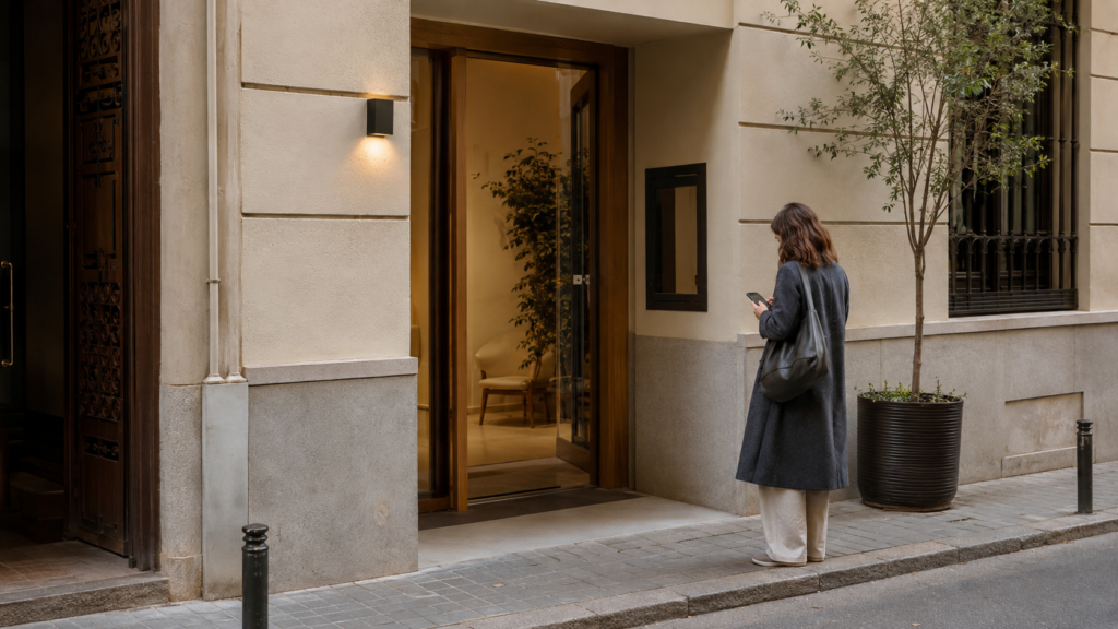 Entrada urbana con cálida iluminación interior