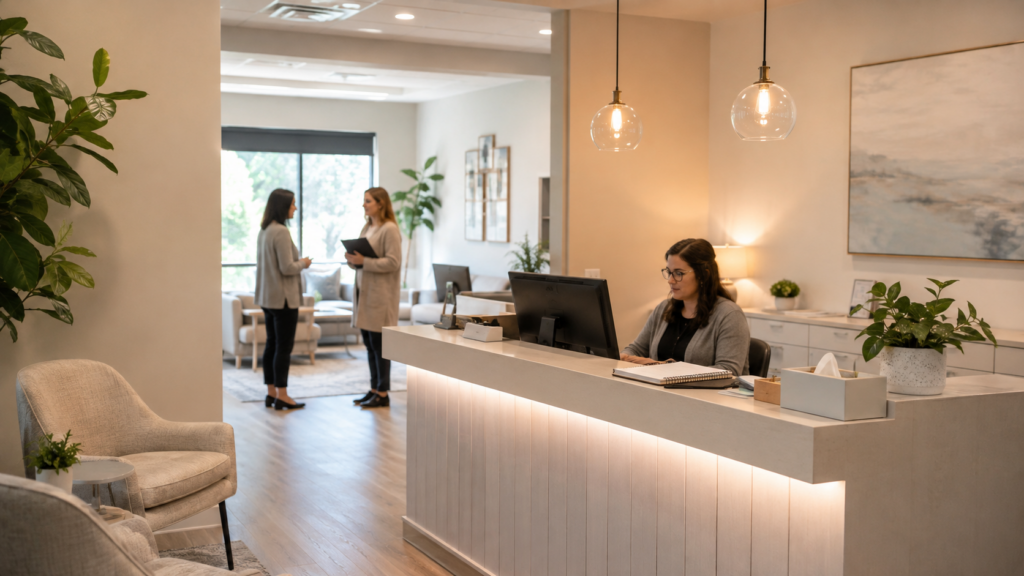 Recepción moderna con ambiente cálido