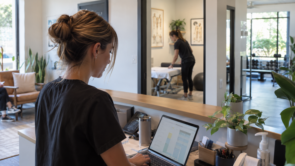 Recepción luminosa de una clínica de fisioterapia con el equipo trabajando y una sala de tratamiento al fondo