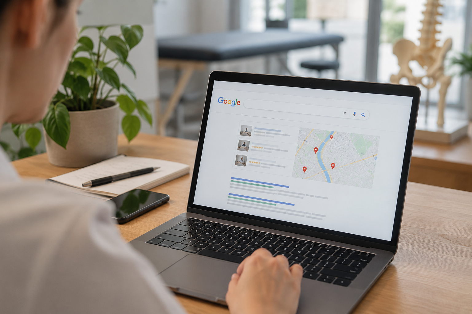 Persona revisando resultados de búsqueda en Google desde un portátil dentro de una clínica de fisioterapia luminosa