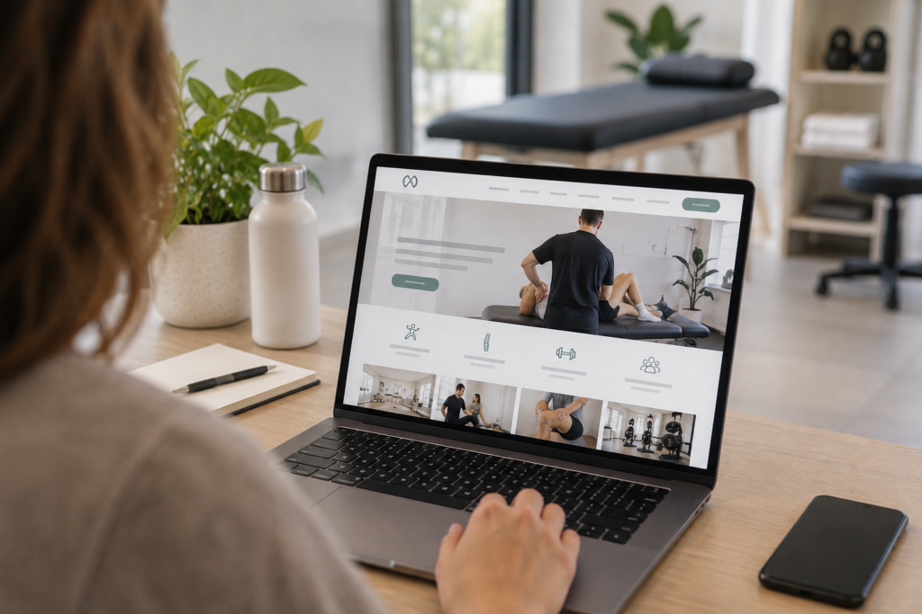 Persona revisando la web de una clínica de fisioterapia desde un portátil antes de pedir una primera valoración
