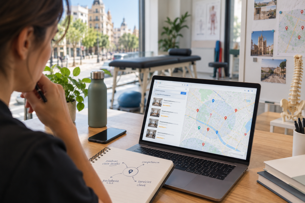 Profesional de fisioterapia revisando un mapa local y búsquedas de clínicas en Google desde un despacho luminoso