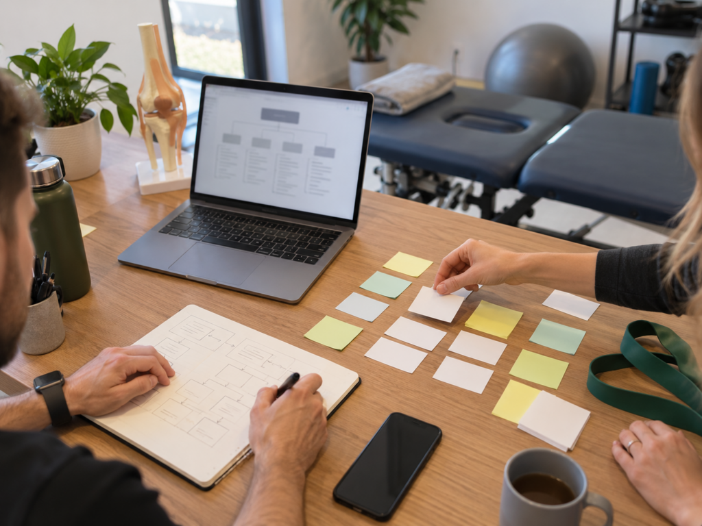 Equipo de una clínica de fisioterapia organizando la estructura de sus servicios en una mesa de trabajo con portátil, notas y material clínico al fondo
